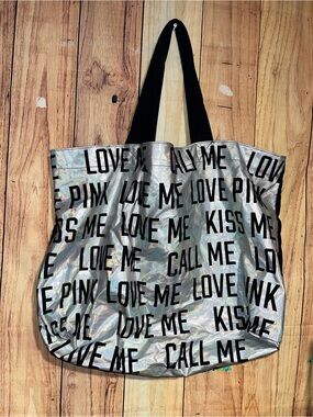 Victorias Secret Pink Holographic Kiss Me Love Me Beach Tote Book Bag